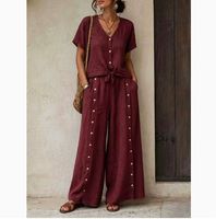 Ensemble en coton et lin uni de style européen et américain, haut ample à manches courtes et col en V, pantalon large à taille haute