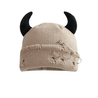 Chapeau en laine tricoté jacquard avec cornes de diable pour homme et femme, automne/hiver, Halloween, design unique déchiré, casquette cool hip-hop