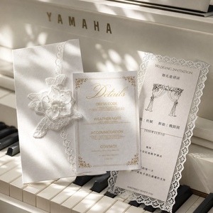 Tarjeta de Felicitación de Boda de Encaje Hecha a Mano de Lujo con Impresión de Vainilla, Impresión Tipográfica Personalizada Elegante y Vintage - Product Image 1