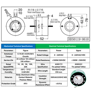 スリップリングID 50mm OD 119mm、6リング10Aクレーンロボットなどの機器用スルーボアスリップリング