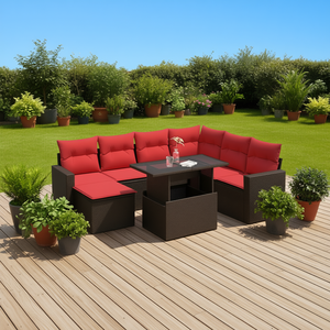 Set di divani da giardino in polyrattan marrone con cuscini, mobili da esterno in 8 pezzi - Product Image 2