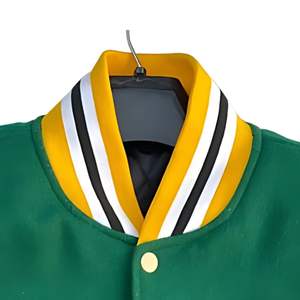 Custom Green Wool Letterman Bomber Jacket 300 GSM Stripe Collar Long <b>Sleeves</b> Two-tone Design Varsity Jacket For Men - Product Image 2