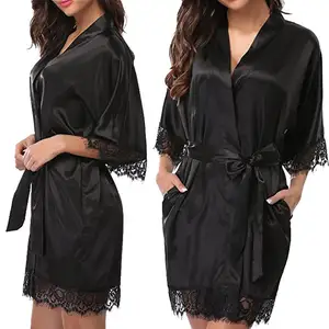 Sexy Lace Satin Sleepwear Women 's robes Dress Lingerie Nighties V-neck Nightdress Lace Up Loose Nightgown Plus Size Robe