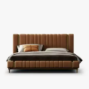 최신 이탈리아 다크 브라운 가죽 침대 집 편안한 나무 황금 프레임 침대 빌라 마스터 현대 간단한 침실 더블 침대