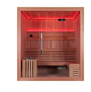 Indoor 3-5 Person Home Sauna Red Cedar Infrared Sauna Room With Colorful Lights