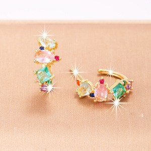 Pendientes de Clip chapados en oro Pendientes de tuerca de circonita cúbica de colores Pendientes de Gemme bohemios de oro de 14K Regalos de San Valentín - Product Image 4
