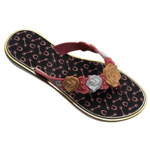 Tongs d'été écologiques en PVC à semelle épaisse pour femme, base noire avec imprimé ancre, bordure dorée, décoration <span class=keywords><strong>rose</strong></span> 3D, MOQ 1800 - Product Image 3