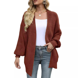 Women's Lantern Sleeve Chunky Knit Cardigan V Neck Loose Solid Color Sweater Coat Autumn Winter Fashion Outerwear - Product Image 5