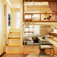 Lit superposé intégré au design moderne crème et blanc pour chambre d'enfant, avec bureau et bibliothèque pour garçons, équipé d'un loft d'accès par escalade