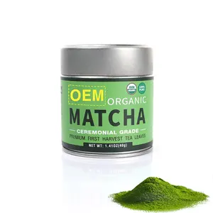 Label pribadi teh hijau Matcha bubuk, teh organik gaya Jepang dengan paket timah