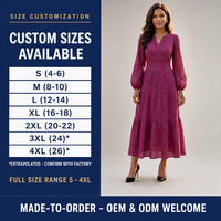 Gaun Maxi Wanita Kasual Musim Gugur Model V-Neck dengan Detail Eyelet, Rok Bertingkat, Lengan Panjang, 100% Viscose, Dapat Dicuci, Produsen OEM ODM