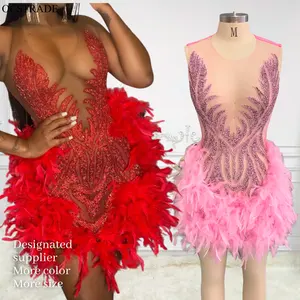 Ocstrade Luxurious Sparkly Diamond Mesh Mini Dress Feather Rhinestone Birthday Party Dresses Blingbling Women Sexy Club Dresses