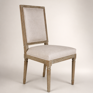 <span class=keywords><strong>Chaise</strong></span> de salle à manger vintage française, structure en bois de chêne patiné, assise en lin couleur avoine, dossier carré en rotin, pour restaurant et hôtel - Product Image 2