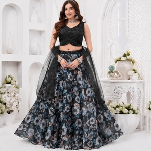 Conjunto de Lehenga Choli con Estampado Floral para Mujer, Blusa sin Mangas Bordada en Negro con Dupatta, Atuendo Étnico para Fiesta - Product Image 5