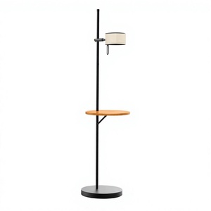 Minimalist Floor <b>Lamp</b> With Wooden <b>Shelf</b> White Paper Shade Metal Base LED 2700K Warm White Light Adjustable Height - Product Image 1