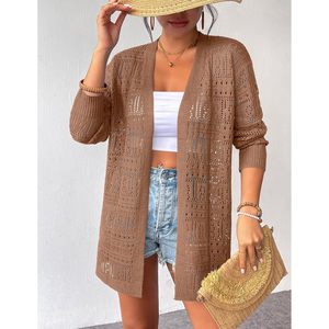 FOXA Womens Crochet Cardigan Long Sleeve Open Front Boho Knit Cover Up Summer Lightweight Sheer <b>Layered</b> <b>Top</b> - Product Image 2