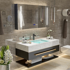 Mueble moderno de lujo con diseño flotante, encimera de piedra de <span class=keywords><strong>roca</strong></span>, fregadero de cerámica, armario de baño, espejo LED, juego de tocador con cajones - Product Image 3