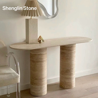 Table console SHENGLIN de luxe moderne avec plateau ovale en marbre naturel et bases en colonnes de travertin pour entrée, villa, hôtel et couloir