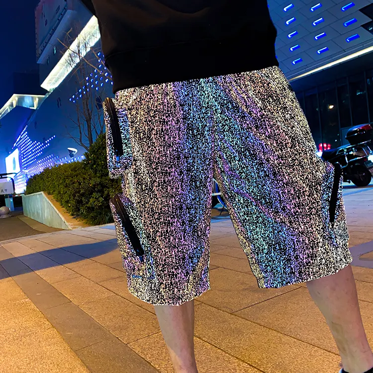 Pantalones cortos reflectantes de color arcoíris para hombre, traje informal holgado con cintura elástica para discoteca y escenario, para verano