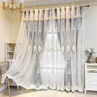 Rideaux de salon double couche de style européen élégant avec cantonnière fleurs brodées en 3D (gris 51x84 pouces)