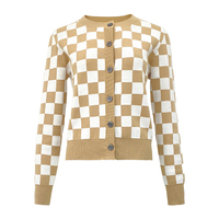 Cardigan court en maille douce à col rond et boutons en bois, motif damier blanc et kaki, pour femme, directement de l'usine