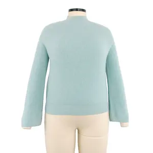 Flare Sleeve Women Cashmere Sweater Pullover Stylish Ladies Mock Neck Light Blue Short Length Woolen Rib Knitted Women Sweater