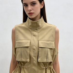 Manteau <span class=keywords><strong>trench</strong></span> <span class=keywords><strong>kaki</strong></span> à col montant avec poches grande capacité, coupe-vent, <span class=keywords><strong>sans</strong></span> manches - Product Image 2