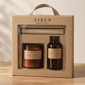 Aikun <b>Amber</b> Moss Natural Tone Clear Glass <b>Bottle</b> Kraft Cardboard Boxed Aroma Soy Candle And Reed Diffuser Set for Home Scenting - Product Image 3