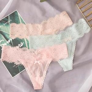 กางเกงชั้นในจีสตริงลูกไม้สีพื้นประดับโบว์เอวต่ำซีทรูสำหรับผู้หญิงขายส่ง ชุดชั้นในเซ็กซี่สำหรับใส่ทุกวัน รับผลิตแบบ OEM ODM - Product Image 2