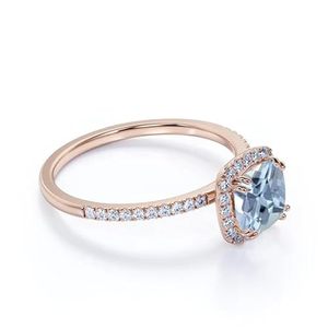 Anillo de tercera mano Shama Gems Jewels de plata de ley 925, estilo clásico vintage, con aguamarina de corte cojín y halo de diamantes con engaste de garras - Product Image 6