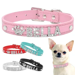 Benutzer definierte Luxus PU Leder Welpen Hunde halsband Solid Strass Name Charms Personal isierte Bänder für kleine Hunde Chihuahuas Free Pet - Product Image 1