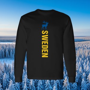 T-shirt à col rond et manches longues en sérigraphie, motif cerf et texte vertical, pour adulte unisexe, tenue de fierté nationale, Suède - Product Image 3