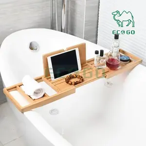 Plateau de baignoire de salle de bain en bambou naturel 100% avec support de livre de bain de luxe et savon pour l'utilisation de la salle de bain - Product Image 1