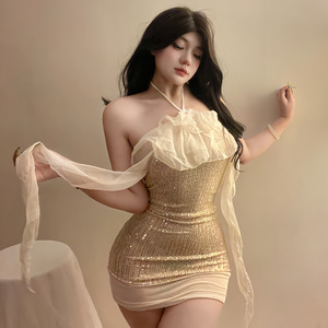 Robe de lingerie à lacets en dentelle à paillettes pour la Saint-Valentin, combinaison en satin à volants et nœuds perlés, chemise de nuit sexy Qixi - Product Image 2