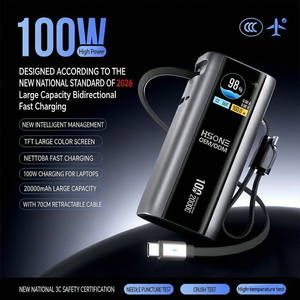 100W Fast Charging Power Bank 20000mAh with Built-in Retractable <b>Cable</b> TFT Display and 4-Port Output MH878A - Product Image 4
