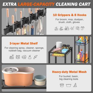 Portascopa in Metallo Antiruggine, Organizzatore per Prodotti di Pulizia, Carrello Portaoggetti, Ganci per Mop, Supporto per Attrezzi per Pulizie - Product Image 5