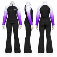 Veste de cheerleading violette ombrée personnalisée à fermeture éclair intégrale, col montant, imprimé inaltérable, pantalon évasé, ensemble d'échauffement pour entraînement d'équipe