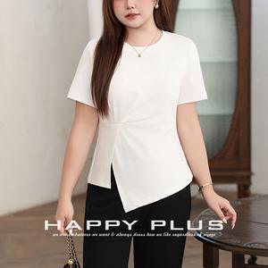 Camiseta Asimétrica con Nudo Lateral Happy Plus, Talla Grande para Mujer, Color Sólido, Jersey, Manga Corta - Product Image 1