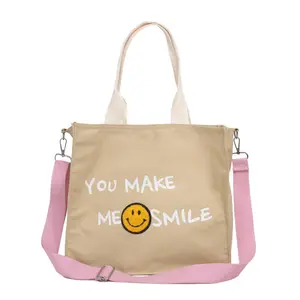 Groothandel Schattige Dame Vrouwen Crossbody Katoenen Canvas Draagtassen Met Je Maakt Me Smile Woord Schouder Messenger Bag