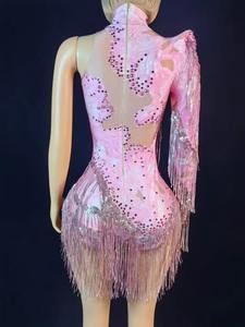 Vestido Sexy Ajustado de Spandex con Lentejuelas Brillantes y Flecos, de un Solo <span class=keywords><strong>Hombro</strong></span>, <span class=keywords><strong>para</strong></span> Cantantes, Bailarinas, Espectáculos y Fiestas de Cumpleaños - Product Image 2