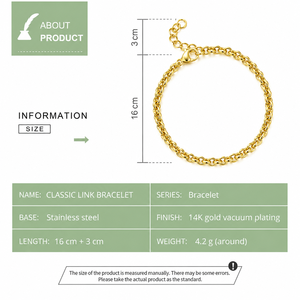 Pulsera Clásica de Eslabones Pequeños, Cadena Ajustable de Acero Inoxidable, Baño de Oro de 14K, Colores Oro y Plata - Product Image 3