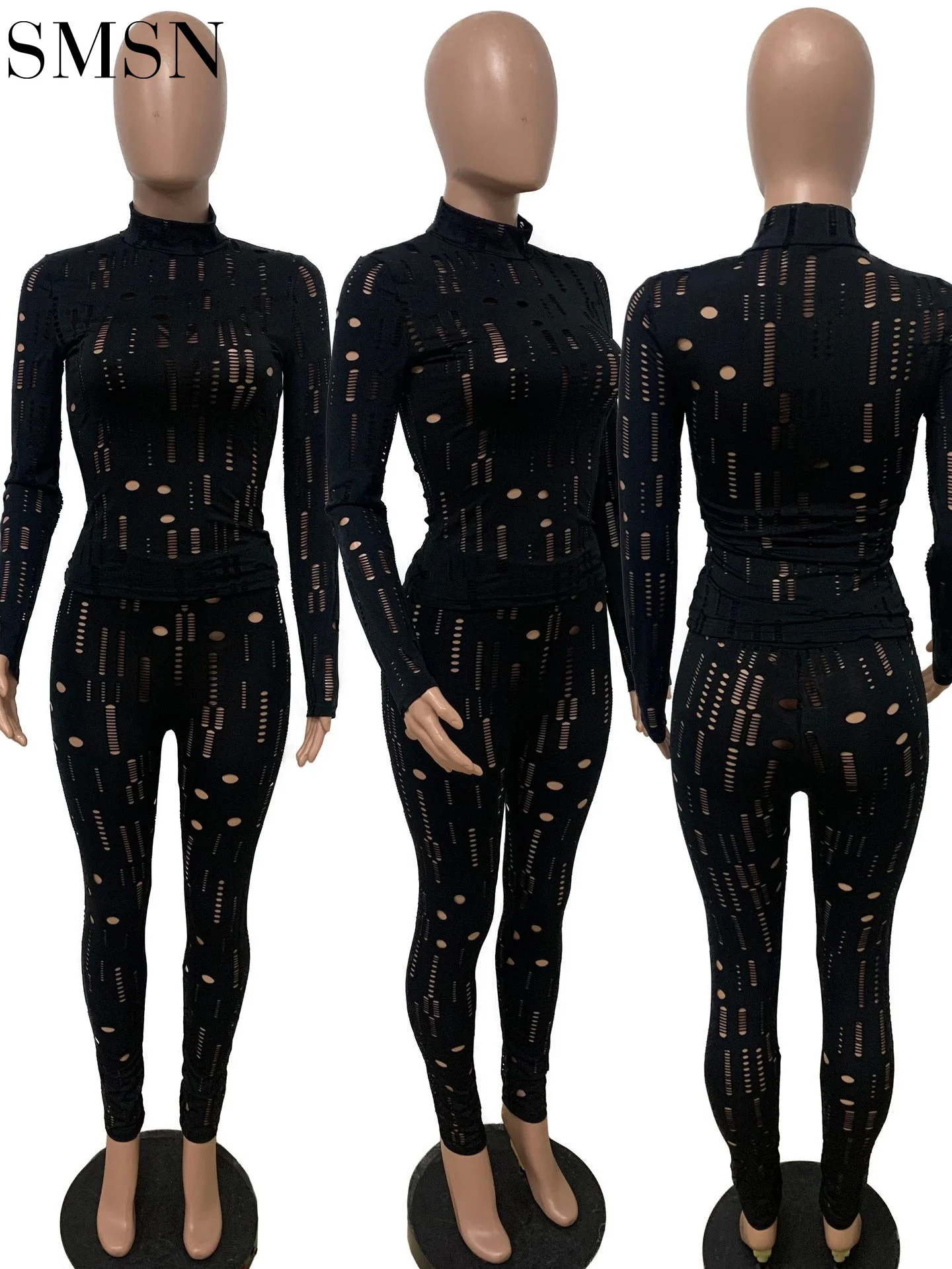 hot seller women's elastic ripped high collar long sleeve women two pieces legging set