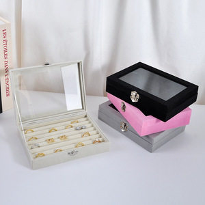 Boîte de rangement à bijoux en velours avec couvercle transparent anti-poussière, nouveau style, pour bagues, boucles d'oreilles, colliers - Product Image 2