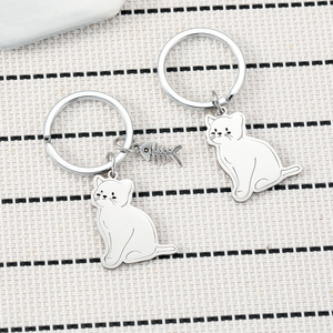 Chaveiro de Aço Inoxidável com Desenho Minimalista de Gato Sentado, Pingente Leve para Bolsa com Opção de Charm de Espinha de Peixe - Product Image 1