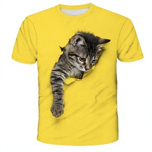 Yellow <b>Men's</b> T-Shirt With 3D Kitten Print Short Sleeve O-Neck Casual Cotton Jersey Regular Fit Photo Pattern Digital Print - Product Image 1