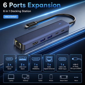Station d'accueil <span class=keywords><strong>USB</strong></span>-C <span class=keywords><strong>6</strong></span> en 1, adaptateur HDMI 4K*60Hz et Ethernet Gigabit avec PD 100W, hub <span class=keywords><strong>USB</strong></span> 3.2 Gen2 10 Gbps pour ordinateur portable - Product Image 1