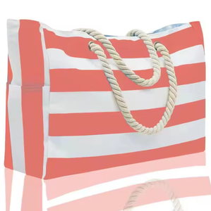 Bolsa de compras de lona ecológica con logotipo personalizado, bolsa de playa a rayas con asa de cuerda de gran capacidad. - Product Image 2