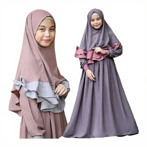Vêtements islamiques en gros, ensemble abaya hijab à manches longues et col rond pour enfants, 2 pièces, polyester respirant - Product Image 4