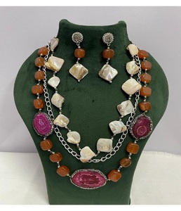 Handcrafted Pink Agate Geode <b>Statement</b> <b>Necklace</b> Set with Shell Bead Accents and Matching Earrings Artisan Jewelry Collection - Product Image 1