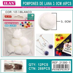 Ilan <b>Wool</b> Pom Poms 3cm White 6pcs <b>Craft</b> Supply - Product Image 1